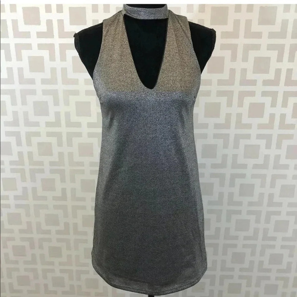 Urban Outfitters Silence + Noise Silver Metallic Choker Mini Dress Sparkle Party - Picture 1 of 4